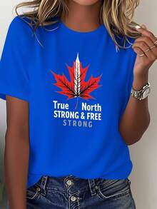 Camiseta de mujer 2026 con diseño de hoja de arce "True North" y el emblema de Canadá - 100% cómoda, de cuello redondo y manga corta, diseño de hoja de arce roja y blanca combinado con el eslogan "True North Strong Freedom", adecuada para todas las estaciones, ideal para uso diario y eventos con temática canadiense, diseño geométrico holgado, lavable a máquina, tela transpirable adecuada para usar en capas, estilo versátil que combina bien con jeans o faldas, camiseta de orgullo canadiense. - Azul - Ver 1