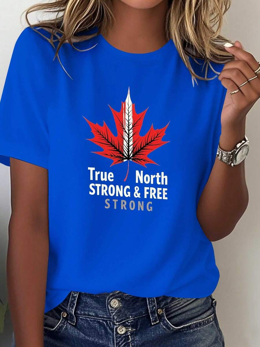 Camiseta de mujer 2026 con diseño de hoja de arce "True North" y el emblema de Canadá - 100% cómoda, de cuello redondo y manga corta, diseño de hoja de arce roja y blanca combinado con el eslogan "True North Strong Freedom", adecuada para todas las estaciones, ideal para uso diario y eventos con temática canadiense, diseño geométrico holgado, lavable a máquina, tela transpirable adecuada para usar en capas, estilo versátil que combina bien con jeans o faldas, camiseta de orgullo canadiense. - Azul - Ver 1