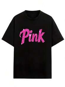 Camiseta Negra de Manga Corta con Texto Brillante Rosa - Ropa Casual Playera Holgada para Mujer - Negro - Ver 4