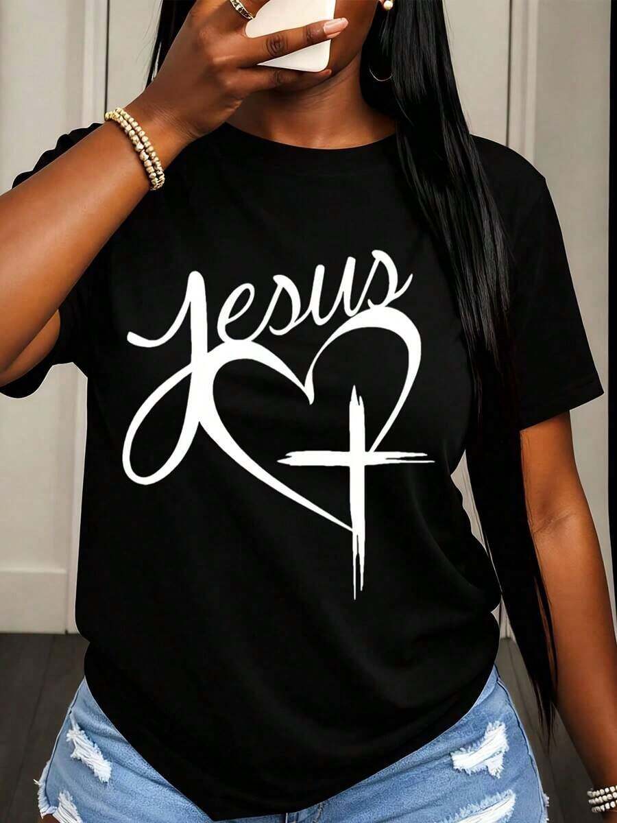 Camiseta Casual para Mujer con Estampado de Corazón de Jesús y Cruz, Top con Declaración de Fe Cristiana para Uso Diario, Ropa de Iglesia y Regalos Espirituales - Negro - Ver 1