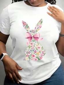 1 pieza de camiseta de mujer con estampado gráfico de conejito floral con lazo rosa, 180g, 100% algodón. - Blanco - Ver 2
