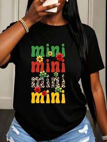 Camiseta de Mujer Mini Mini Mini con Estampado Floral y de Leopardo para Conjuntos Casuales de Verano y Eventos Divertidos - Negro - Ver 1
