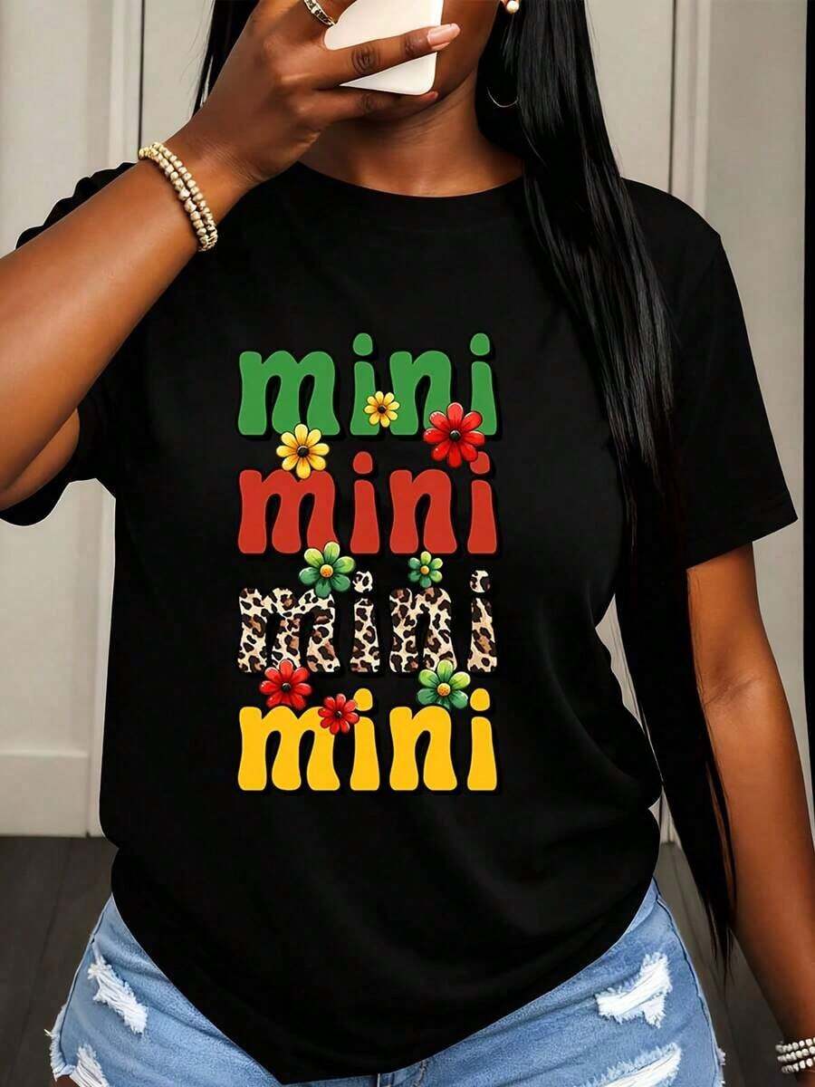 Camiseta de Mujer Mini Mini Mini con Estampado Floral y de Leopardo para Conjuntos Casuales de Verano y Eventos Divertidos - Negro - Ver 1