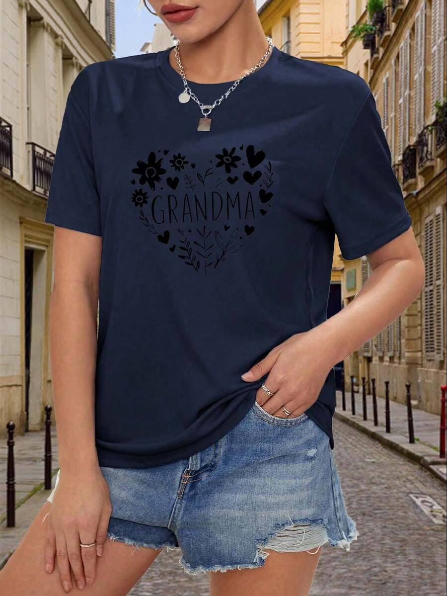 Women's Designer T-Shirt In Y2K Style With "Granny" And Heart Motifs And Floral Prints - Slim-Fit Short-Sleeve Top, Casual Summer Wear, Machine-Washable Stretch Fabric (Wrinkle-Resistant), Suitable For Casual Wear And Layering. NZCA - 海軍 - 查看 1