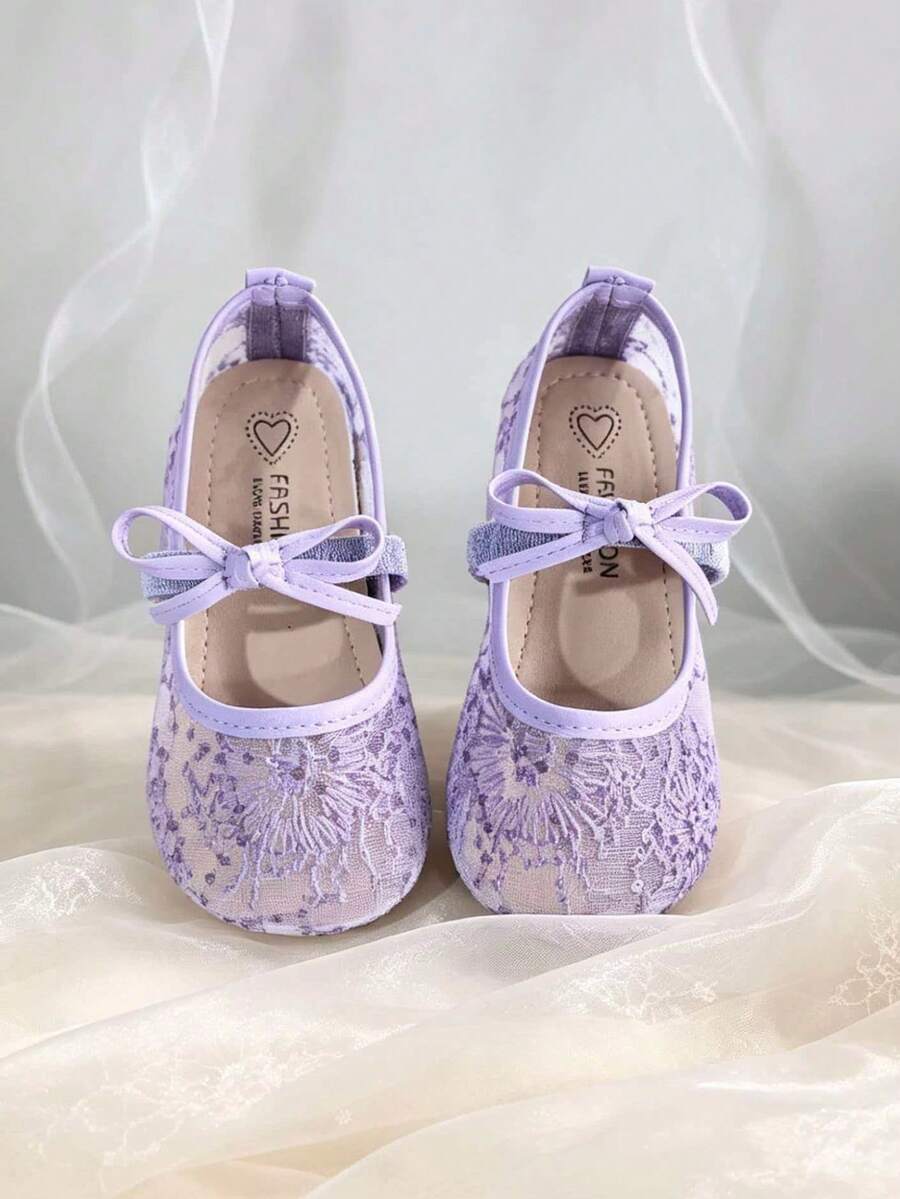 1雙女童蕾絲公主鞋 中式刺繡網面軟底鞋 兒童宴會刺繡舞鞋 適合3-12歲孩童 - 紫色 - 查看 1