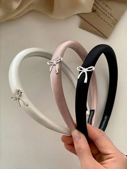3pcs/1pc Silver Satin Bow Headband, Minimalist Solid Color Headband, Cute Thick Hair Accessory, Suitable For Daily Wear And Parties