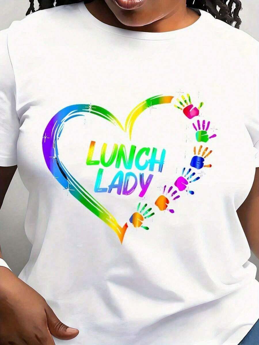Camiseta Casual de Manga Corta para Mujer, Estilo Minimalista Moderno - Estampado Gráfico de Corazón y Almuerzo, Cuello Redondo, Comodidad para las Cuatro Estaciones, Perfecta para Vestimenta Casual y Eventos Temáticos, Camiseta para Mujer, Ropa para Eventos, Diseño Divertido, Material Opaco, Casual para el Día a Día - Blanco - Ver 1