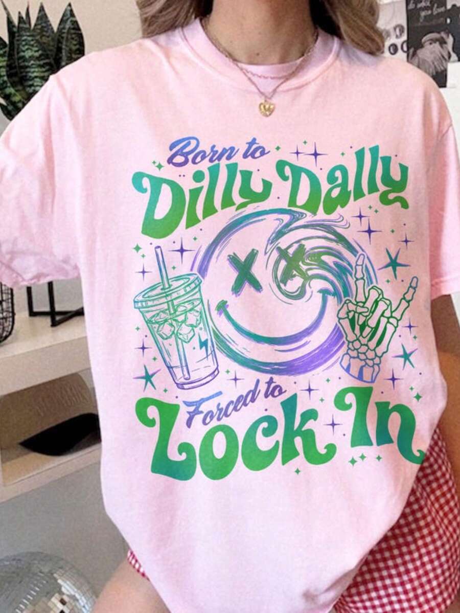 Camiseta Dilly Dally Club, Camiseta Nacido Para Dilly Dally, Obligado A Conformarse, Camiseta Retro Sarcástica, Camiseta Gráfica Atrevida Dilly Dally - Rosa - Ver 1