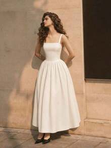 Women's Casual And Elegant Sleeveless Square Neck Dress With Black And White Polka Dots, Fitted Silhouette, Suitable For Work Or Dates, A-Line Long Skirt, Appropriate For Summer And Spring, Elegant Party Dress, Outerwear, Vacation Dress, Polka Dot Dress - 灰色 - 查看 12