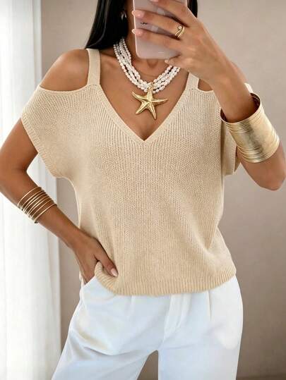 Blusa sin mangas con escote en V de estilo bohemio y hombros descubiertos para mujer, de tela de punto elástica, perfecta para el verano