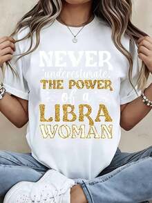 Camiseta: Nunca subestimes el poder de una mujer de Libra, estampado brillante, ropa casual para mujeres, para yoga y actividades cotidianas - Estilo vintage urbano, unisex, holgada, de algodón, manga corta, cuello redondo, 100% algodón. - Blanco - Ver 7