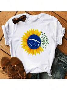 Women's T-Shirt Blouse For The 2026 Brazil Cup With Sunflowers And Butterflies, Stylish, 100% - 白色 - 查看 1
