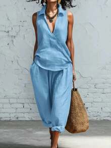 Conjunto dos piezas lino con camisa de cuello solapa y pantalones anchos - Azul - Ver 3