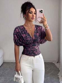 Blusa sexy con mangas de murciélago plisadas y ajustadas - Azul marino - Ver 12