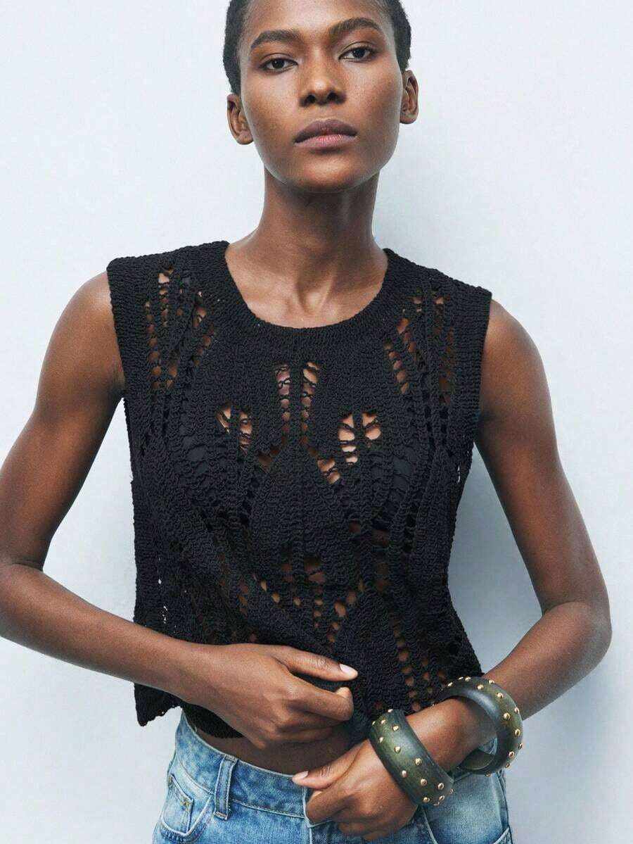 Parte superior de punto sin mangas con diseño calado de unicolor, adecuada para el Día de San Patricio, vacaciones de primavera, Pascua.Parte superior calada para el verano, blusas de verano para mujeres, blusas de punto para mujeres - Negro - Ver 1