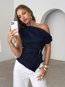 Blusa asimétrica de hombro casual y minimalista de unicolor para mujer - Azul marino - Ver 6