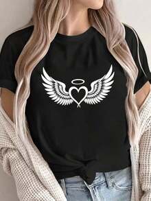 Camiseta de manga corta para mujer, estampado de alas de corazón, camiseta informal de cuello redondo, ropa de mujer, talla estándar, ropa de mujer EIEH - Negro - Ver 5