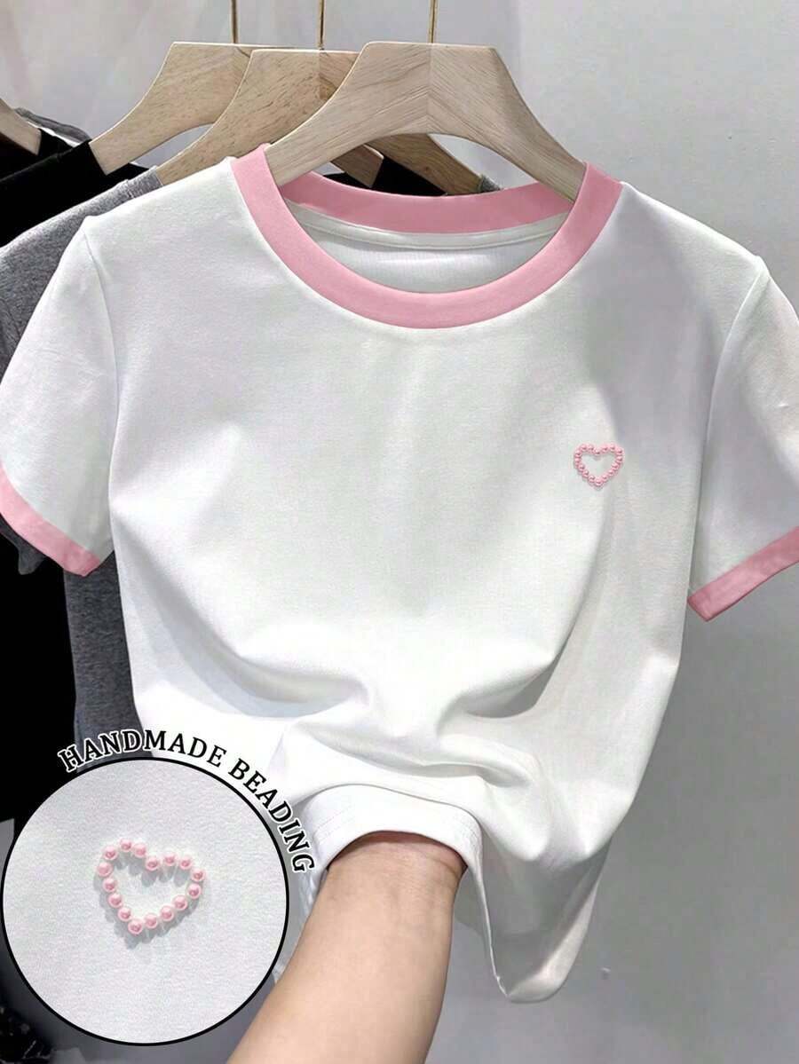 Camiseta de manga corta de unicolor con decoración de tachuelas en forma de corazón, de uso versátil y casual - Multicolor 5 - Ver 1