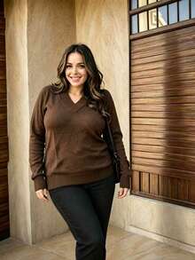 Steve Store Women's Fashion Knitwear Plus Size Basic Sweater V-Neck Long Sleeve Winter Fashion - 棕色的 - 查看 4