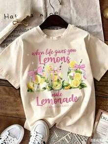 Camiseta de manga corta de gran tamaño para mujer "When Life Gives You Lemons" con estampado de limonada de DEAR MOLLY, camiseta casual retro con estampado de limones, cuello redondo y manga corta, adecuada para el verano, vacaciones y uso diario. Camisetas casuales unisex. Algodón 100%. - Albaricoque - Ver 6