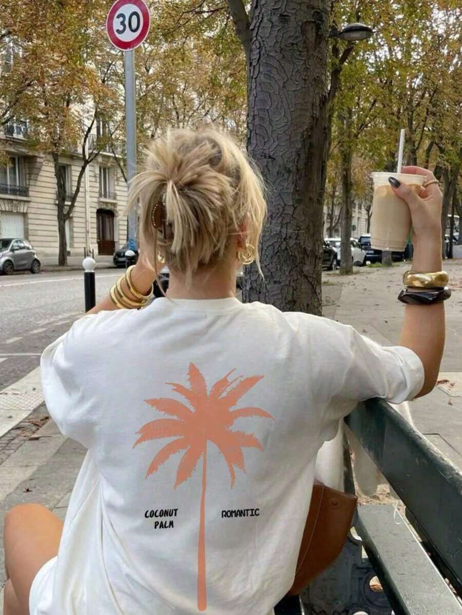 Women's Casual Summer T-Shirt, Vacation Style, With Tree Slogan Print, Crew Neck And Short Sleeves, Modern And Versatile, Ideal For Everyday Wear. Graphic T-Shirts For Women, White Top, TopFashion. - 白色 - 查看 1