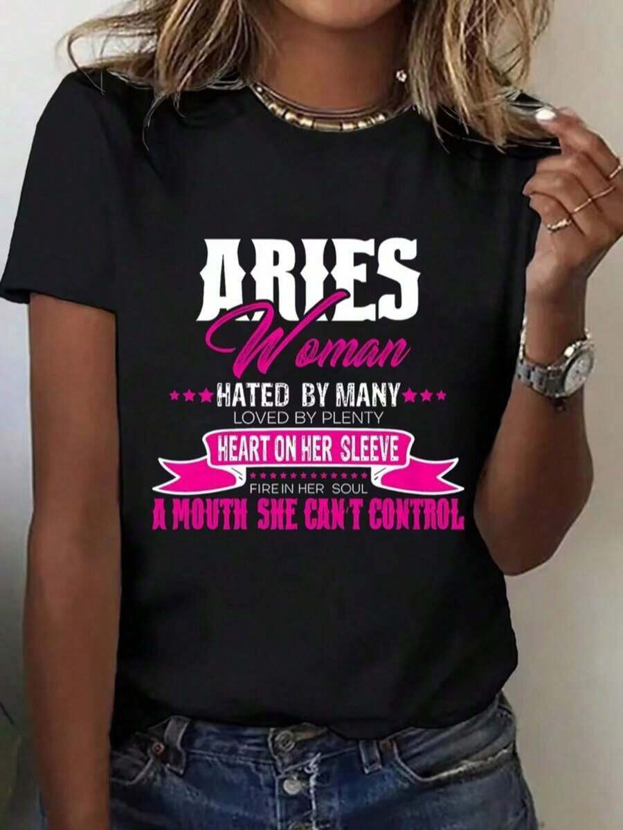 Manga corta, conjuntos de verano para mujer [Regalos de cumpleaños y vacaciones] Camiseta gráfica del zodiaco Aries para mujer - Transpirable, cuello redondo, manga corta con estampado de mujer Aries y símbolos astrológicos, rosa y ajuste cómodo informal, lavable a máquina, top para todas las estaciones para atuendos casuales y blusas vintage de mujer. - Negro - Ver 1