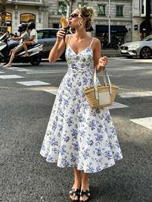 Damen lässig Elegant Blümchen Maxikleid, Boho-Stil, geeignet für Strandurlaub und tägliche Dates, Sommer - Blau - Übersicht 5