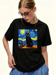 Camiseta de 180g para mujer con estampado de gato negro de la Noche Estrellada de Van Gogh, de manga corta, estilo casual y holgado para verano, regalo de cumpleaños para mamá o novia, regalo para reuniones familiares y actividades de building - Camiseta unisex de algodón holgada de manga corta y cuello redondo, estilo vintage urbano. - Negro - Ver 1