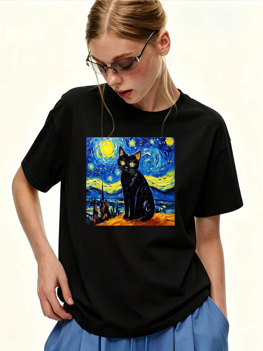 Camiseta de 180g para mujer con estampado de gato negro de la Noche Estrellada de Van Gogh, de manga corta, estilo casual y holgado para verano, regalo de cumpleaños para mamá o novia, regalo para reuniones familiares y actividades de building - Camiseta unisex de algodón holgada de manga corta y cuello redondo, estilo vintage urbano. - Negro - Ver 1