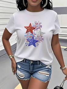 Camiseta de moda, holgada, transpirable para verano, con estampado de la bandera estadounidense y fuegos artificiales, de manga corta y cuello redondo, ropa para mujer. Con un diseño elegante, único y versátil, es perfecto para el uso diario informal, vacaciones, festivales y reuniones en verano, y también se puede regalar. ,Camisetas conmemorativas, productos de anime japonés, conjuntos para padres e hijos, artículos para el Día de San Valentín, camisetas gráficas para hombre, camisetas gráficas para mujer, camisas - Blanco - Ver 7