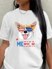 Camiseta de manga corta de poliéster, con un diseño de un corgi patriótico que lleva gafas de moda y una bandera estadounidense, junto con la palabra "MERICA". Ideal para uso diario casual, fiestas o actividades al aire libre. Fabricada con un tejido ligero y duradero, ofrece una experiencia de uso cómoda durante todo el día. - Blanco - Ver 7