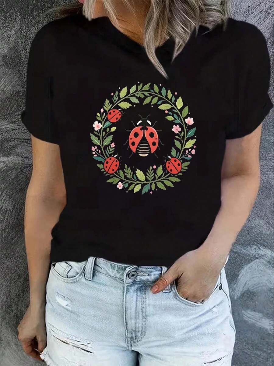 Mexican Art Printed Short Sleeve T-Shirts For Women, Summer, Modern And Casual, Machine Washable, Comfortable Fit, 2D Flat Print, Cotton T-Shirt For Coordinated Family - 黑色8 - 查看 1