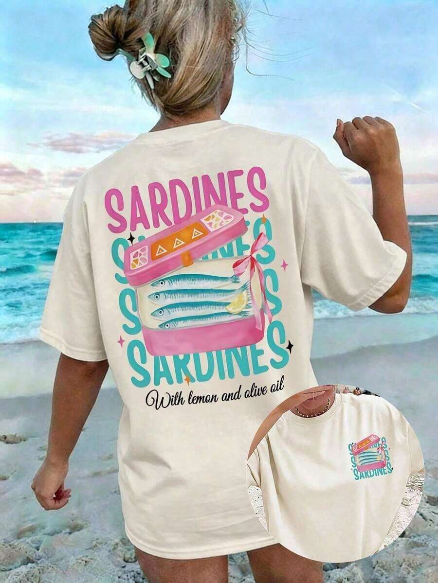 Camiseta de manga corta con cuello redondo y estampado de sardinas, talla grande, de alta elasticidad, corte regular, estilo casual de verano, 100% algodón. - Albaricoque - Ver 1