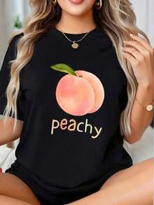 Camiseta con Estampado de Fruta de Melocotón para Mujer, Top Casual de Verano con Diseño Divertido y Ajuste Cómodo, Perfecta para Uso Diario y Actividades Ligeras - Estilo Urbano Vintage, Camiseta Unisex de Manga Corta y Cuello Redondo de Algodón 100% Algodón - Negro - Ver 7