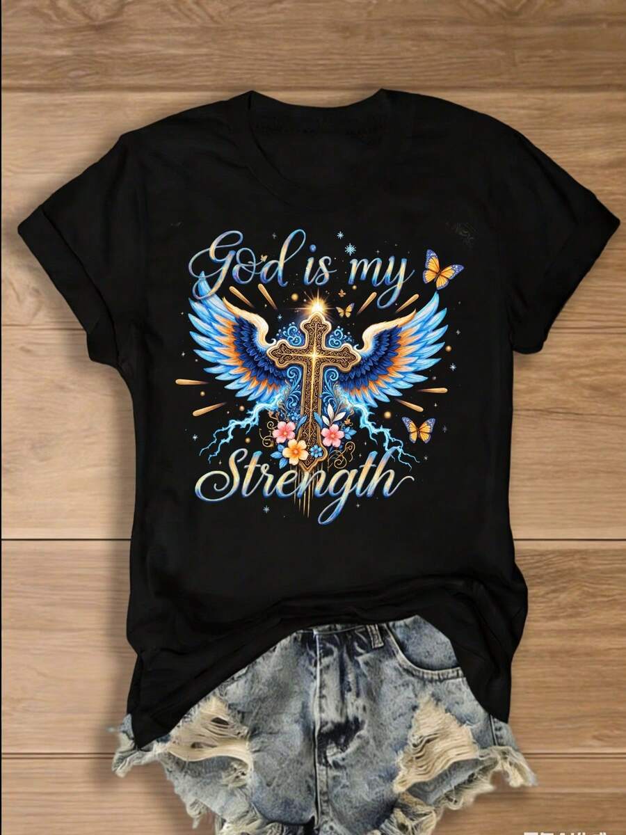 Una camiseta de manga corta para mujer, moderna, a la moda, retro, casual y holgada, adecuada para actividades al aire libre en primavera y verano, con un estampado de cruz, alas de ángel y mariposa con la frase "Dios es mi fuerza".Es una camiseta casual de cuello redondo, estilo retro urbano, transpirable y cómoda, un regalo de San Valentín para parejas, unisex y versátil.blusas para mujer,blusas casuales para dama,tops,, mujer premium,y2k,playeras de mujer curvy,ofertas y liquidaciones ropa mujer,playeras deportivas para mujer,,playeras de hombre, mujer,blusas>elegante R4QX - Negro - Ver 1