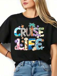 Camiseta de Vacaciones en un Paraíso Tropical con Diseño de Palmeras y Conchas Marinas para Escapadas a la Playa y Viajes de Verano - Estilo Urbano Vintage Unisex, Camiseta de Manga Corta de Algodón 100% con Cuello Redondo - Negro - Ver 3
