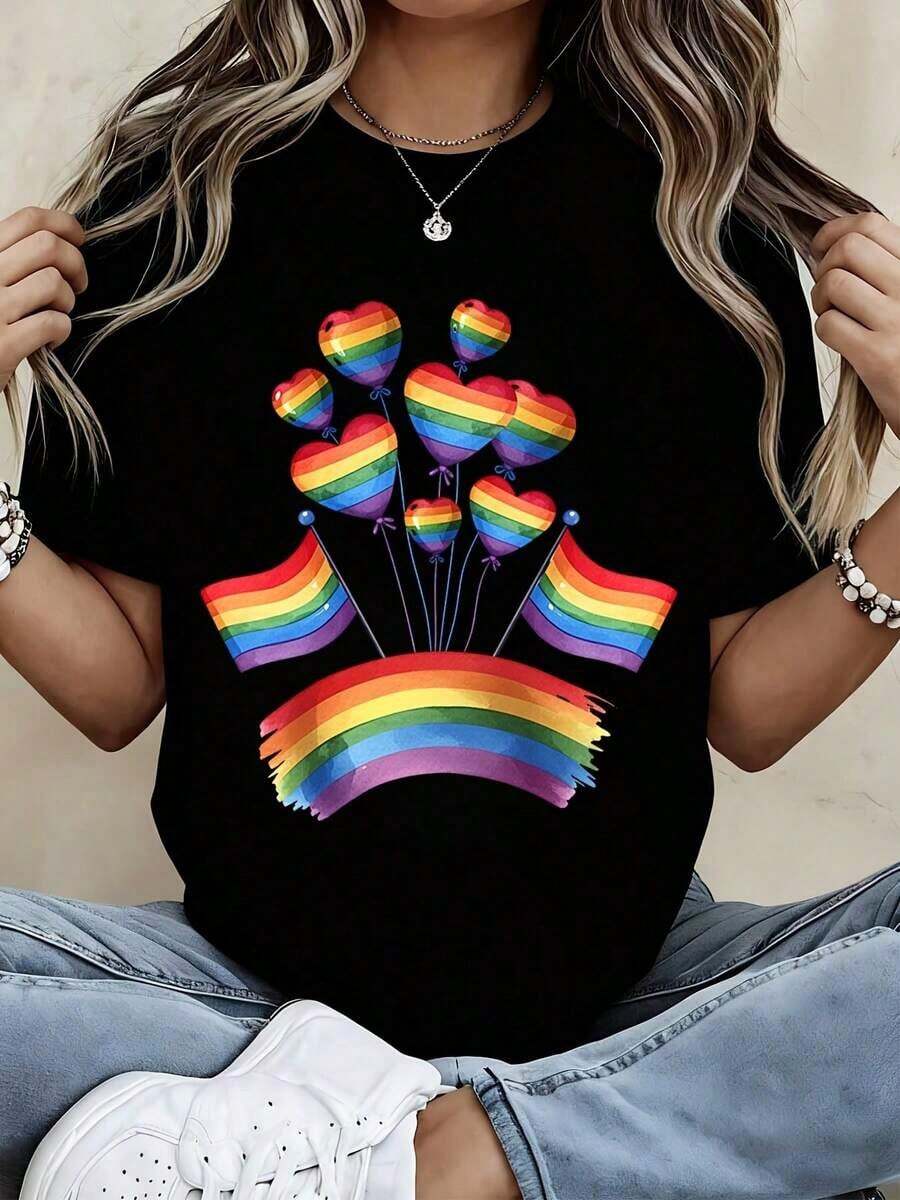 Camiseta con Diseño de Orgullo de Globos y Banderas de Corazón Arcoíris para Uso Casual y Deportivo - Estilo Urbano Vintage Unisex, Camiseta de Manga Corta de Algodón Suelto con Cuello Redondo, 100% Algodón - Negro - Ver 1