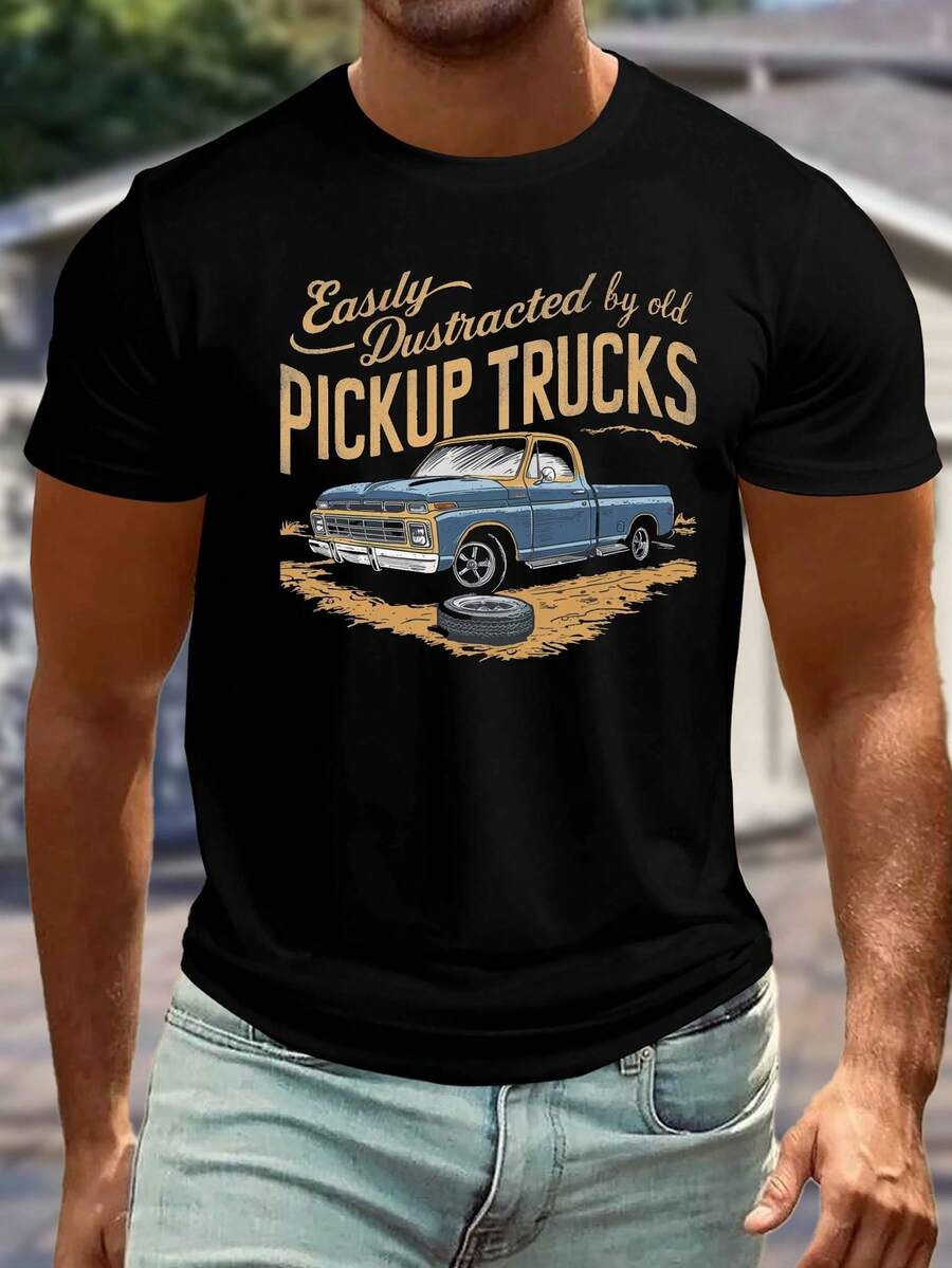 Camiseta Gráfica Vintage de Camioneta para Hombres Altos y Grandes - Camiseta Casual de Manga Corta para Verano, Poliéster Transpirable, Lavable aáquina, TALLA - Negro - Ver 1