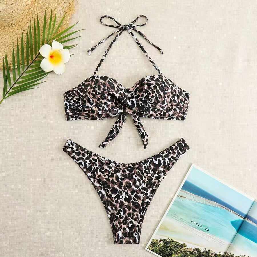Traje de baño de dos piezas de color sólido para mujer, bikini de tres piezas, bikini sexy para vacaciones en la playa para mujer. - Nuevo bikini con estampado de leopardo transfronterizo - Ver 1