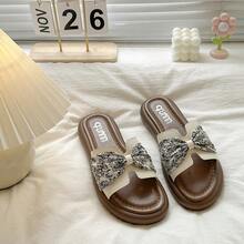 Elegant Embroidered Flat Sandals, French Style Slip-On Slippers For Women, Fashionable Strap Design, Suitable For Summer Wear With Skirts - Beige - View 4