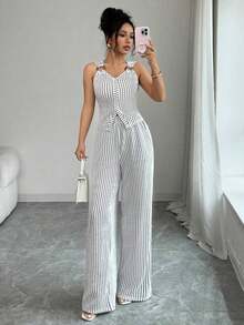Conjunto de dos piezas de top sin mangas con hombros abiertos y decoración metálica, y pantalones con estampado de rayas para mujer. Adecuado para fiestas, citas, cenas, vuelta al colegio, Día del Maestro, Día de la Madre, festivales, uso diario casual, ir al trabajo, vacaciones. - Multicolor - Ver 5