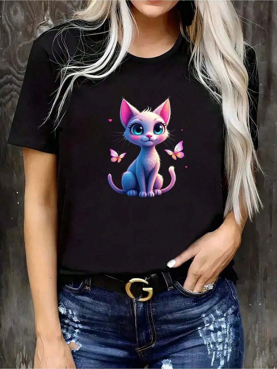 T-shirt única con diseño de gato encantador y mariposas vibrantes estilo y2k ideal para amantes de los felinos y la moda juvenil en México perfecta para cualquier ocasión y resalta tu personalidad divertida y moderna - Negro - Ver 1