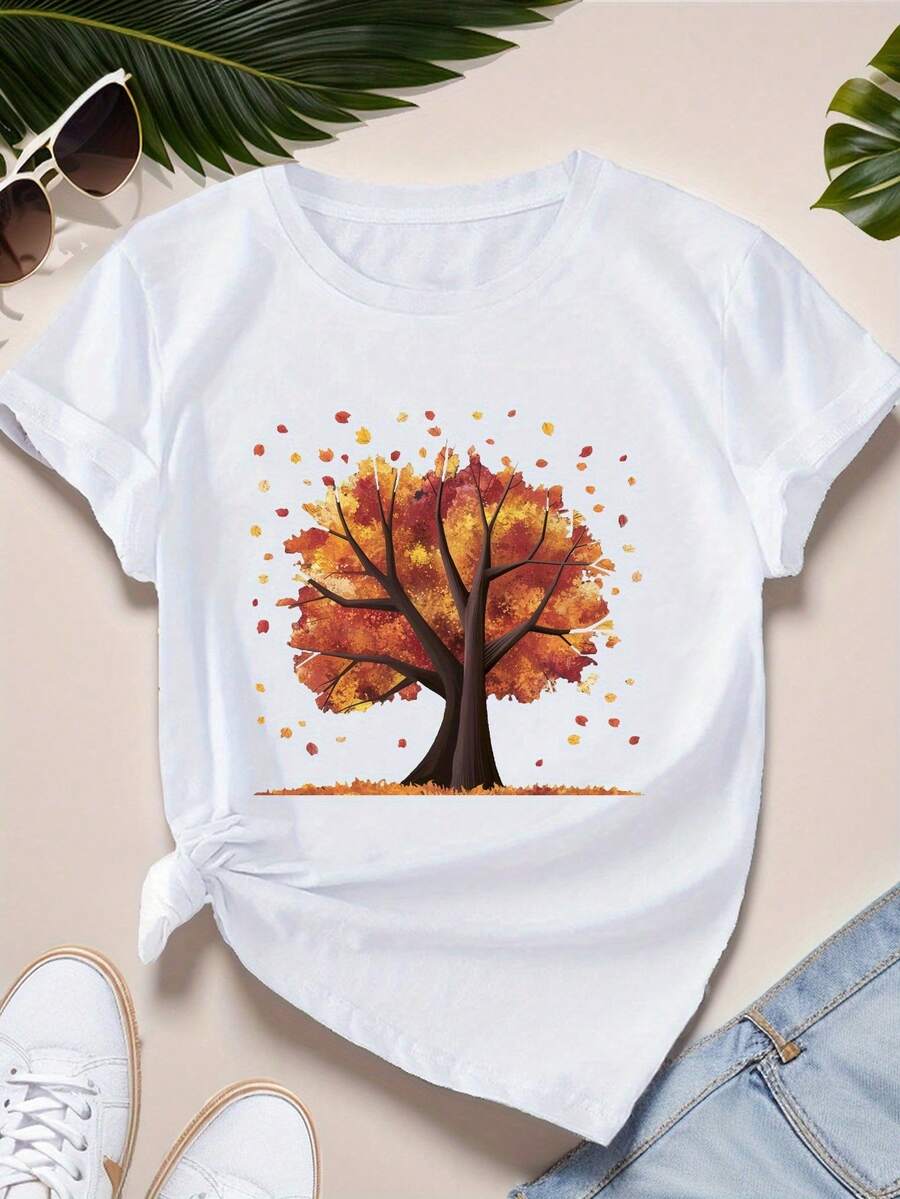 Camiseta de mujer con estampado de hojas de otoño, camiseta deportiva de manga corta de talla grande para mujer. - Blanco - Ver 1