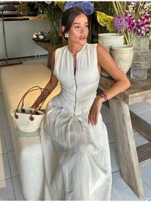 Women's Spring Summer Dress, Round Neck, Plain, Sleeveless With Zipper, Casual, Office, Elegant, European Style Available - 白色 - 查看 3