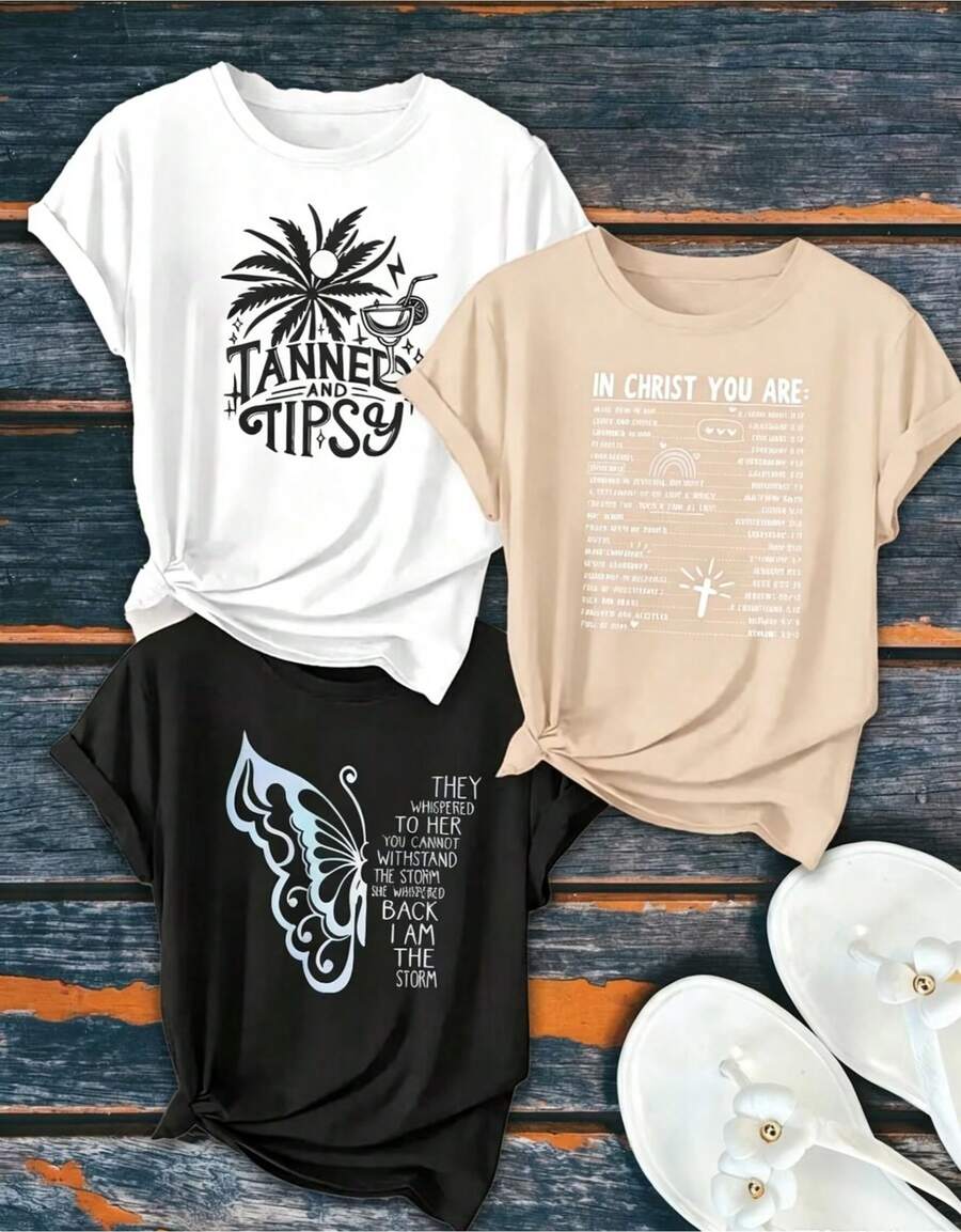 3 Nuevo modelo 2026: Camiseta casual de manga corta para mujer, estampada con palmeras y cocos, lista de versículos bíblicos, diseño de mariposa con alas, cuello redondo, 100% algodón, transpirable, top deportivo casual, regalo para las fiestas. - Negro - Ver 1