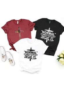 Artículo de moda: 3 camiseta casual de manga corta para mujer, camiseta con el estampado "Normal no vuelve, Jesús sí", camiseta de manga corta con cuello redondo para mujer, top deportivo casual transpirable de algodón puro, regalo para vacaciones, camiseta de primavera con diseño de mariposa para Pascua, camiseta para mujer. - Blanco - Ver 7