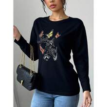 Women's Casual Long-Sleeved T-Shirt With Round Neck And Butterfly Floral Print, Suitable For Holidays And Casual Wear. - 黑色 - 查看 9