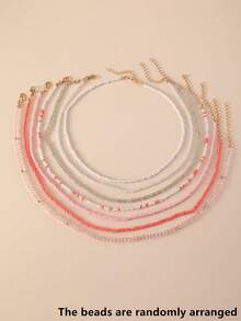 7pcs/Set Girls' Mixed Color Beaded Necklace Set, Suitable For Daily Decoration - Pink - View 6