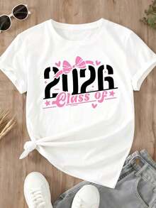Camiseta de Mujer Clase de 2026 con Diseño de Lazo Rosa y Corazones para Celebración de Graduación Primavera Verano - Blanco - Ver 2