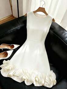 Vestido blanco elegante y casual sin mangas con volantes en el bajo para mujer - Vestido mini de unicolor elegante con cuello redondo, vestido casual de verano para invitada a boda en la playa, vestido corto con volantes y vuelo para cóctel, vacaciones, uso diario y ocasiones especiales, vestido de verano clásico blanco para mujer - Albaricoque - Ver 4